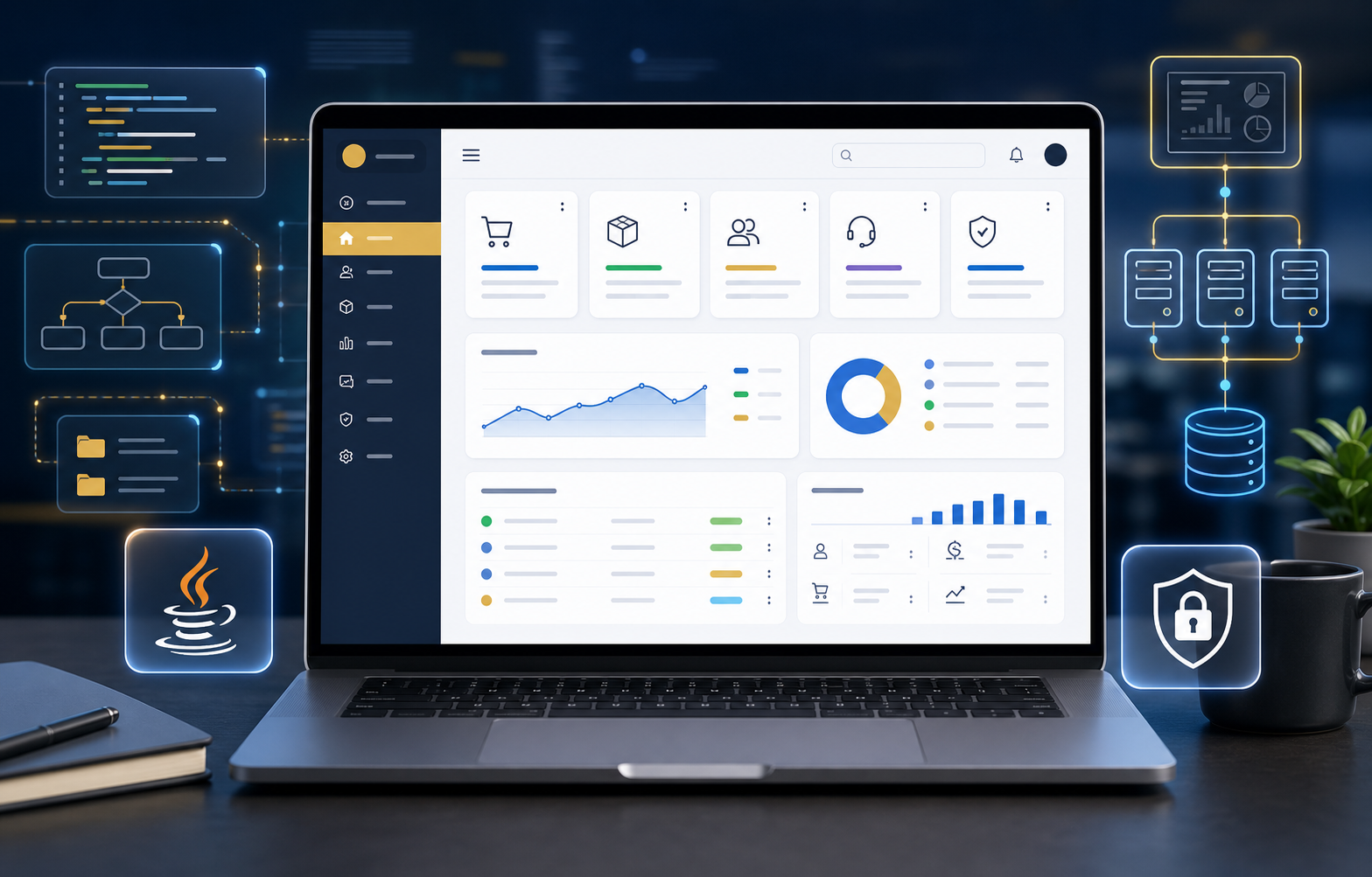 Dashboard de sistema empresarial em Java com módulos de vendas, estoque, CRM, segurança e banco de dados